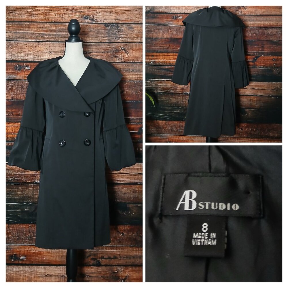 AB Studio Vintage Jacket 8 Black Gothic Double Breasted Ruffle Collar Pockets